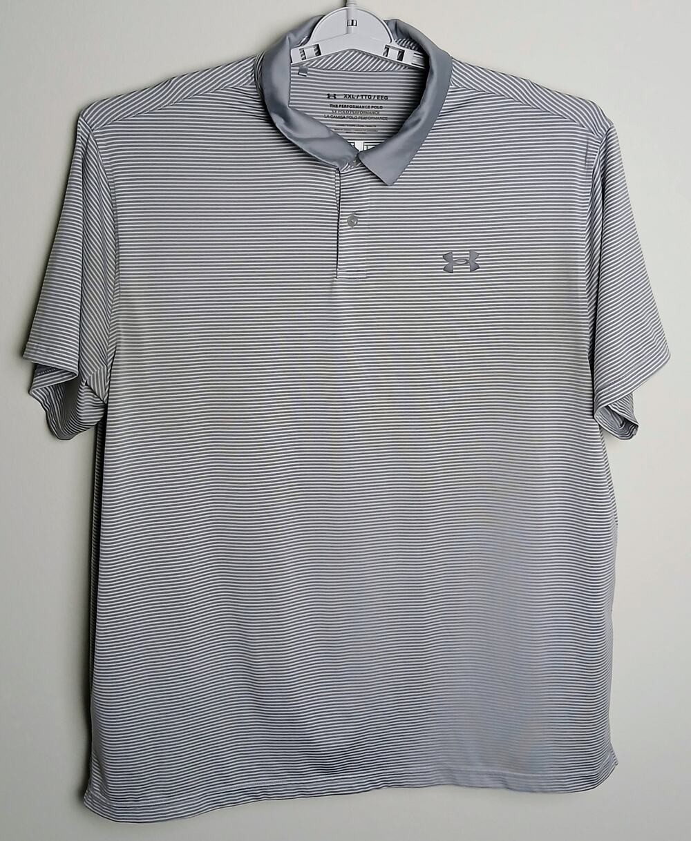Under Armour HeatGear Polo Shirt Mens 2XL Gray White Micro Striped Loose Fit